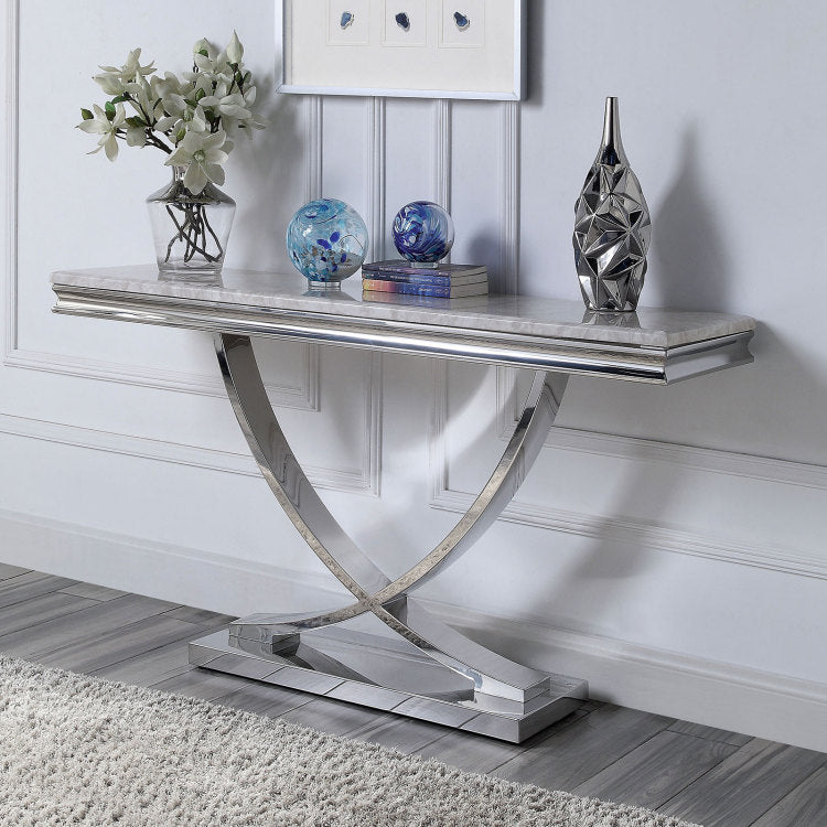 Glam Style Modern Sofa Table 1Pc Stainless Steel Pedestal Base 18Mm Faux Marble On Top Metal Structure Chroma Finish Coffee Table Not Included
