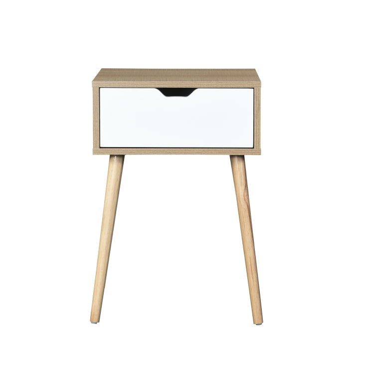 Side Table With 1 Drawer And Rubber Wood Legs, Mid Century Modern Storage Cabinet For Bedroom Living Room Furniture, White With Solid Wood Color
