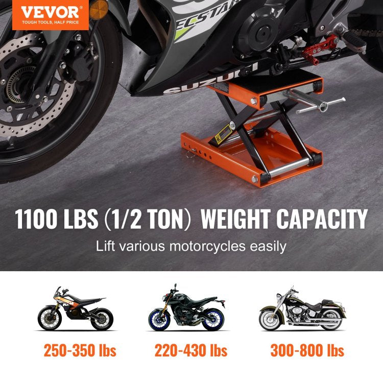 Motorcycle Lift, 1100 Lbs Motorcycle Scissor Lift Jack With Wide Deck & Safety Pin, 3.7" 13.8" Center Hoist Crank Stand, Steel Scissor Jack For Street Bikes, Cruiser Bikes, Touring Motorcycles