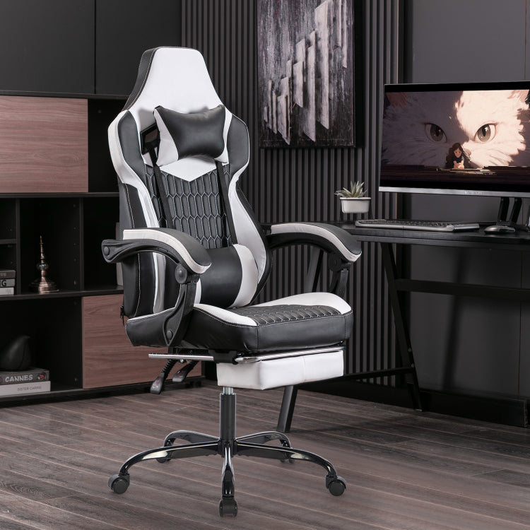 Gaming Chair With Footrest, High Back Gaming Chairs Pvc Leather Ergonomic Office Gamer Chair Headrest Lumbar Support Racing Style Video Gaming Chair Black White