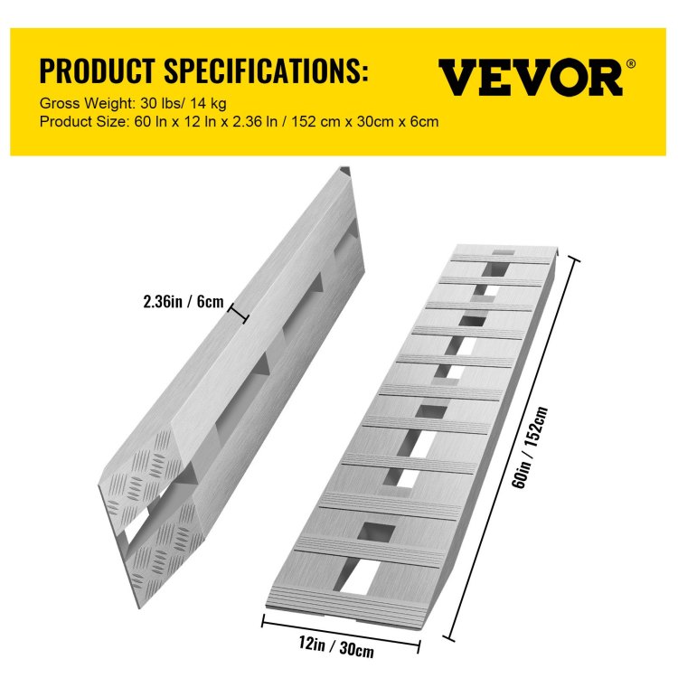 60'' X 12'' X 2.5''Aluminum Trailer Ramps 6000Lbs Total Beavertail Hook End 1 Pair 2 Ramps