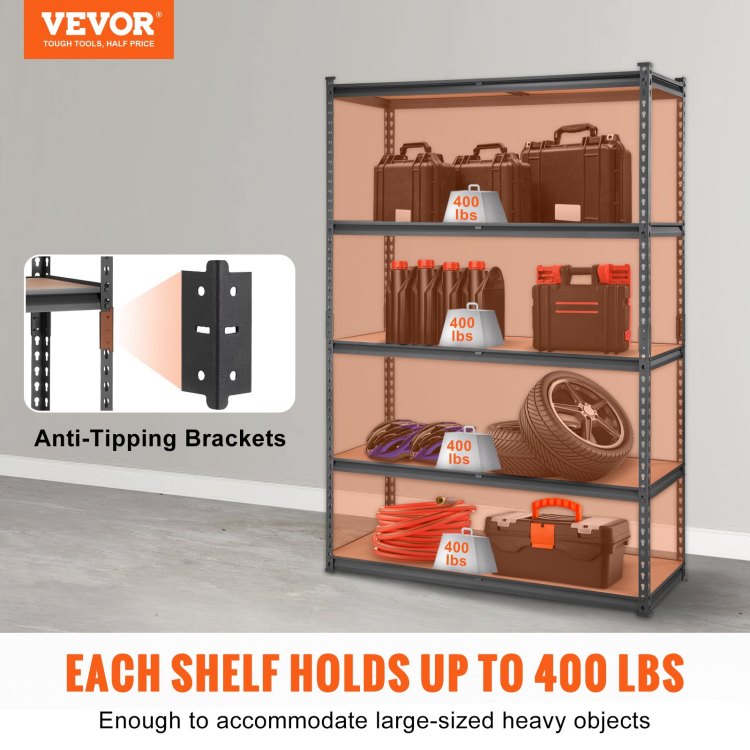 Storage Shelving Unit, 5 Tier Adjustable, 2000 Lbs Capacity, Heavy Duty Garage Shelves Metal Organizer Utility Rack, Black, 18" D X 48" W X 72" H For Kitchen Pantry Basement Bathroom Laundry