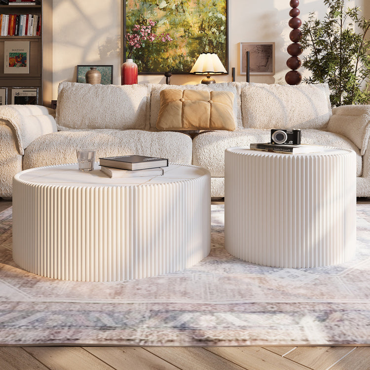 Light Sintered Stone Top Cylinder Shape Leather Coffee Modern Sofa Table For Living Room Furniture Each Tabletop Has A Unique Gold Pattern