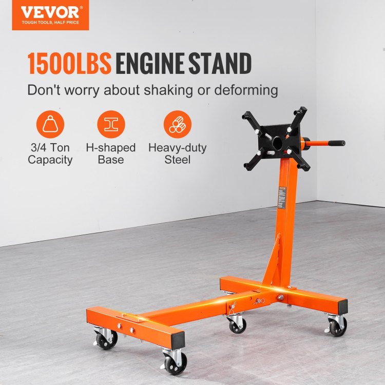 Engine Stand, 1500 Lbs 3 4 Ton Rotating Engine Motor Stand With 360 Degree Adjustable Head, Cast Iron Folding Motor Hoist Dolly, 5 Caster, 4 Adjustable Arms, For Vehicle Maintenance