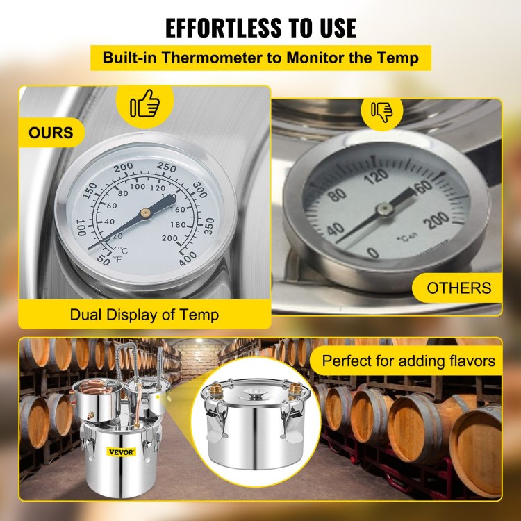 Alcohol Still, 13.2Gal 50L Stainless Steel Water Alcohol Distiller Copper Tube Home Brewing Kit Build In Thermometer For Diy Whisky Wine Brandy, Silver