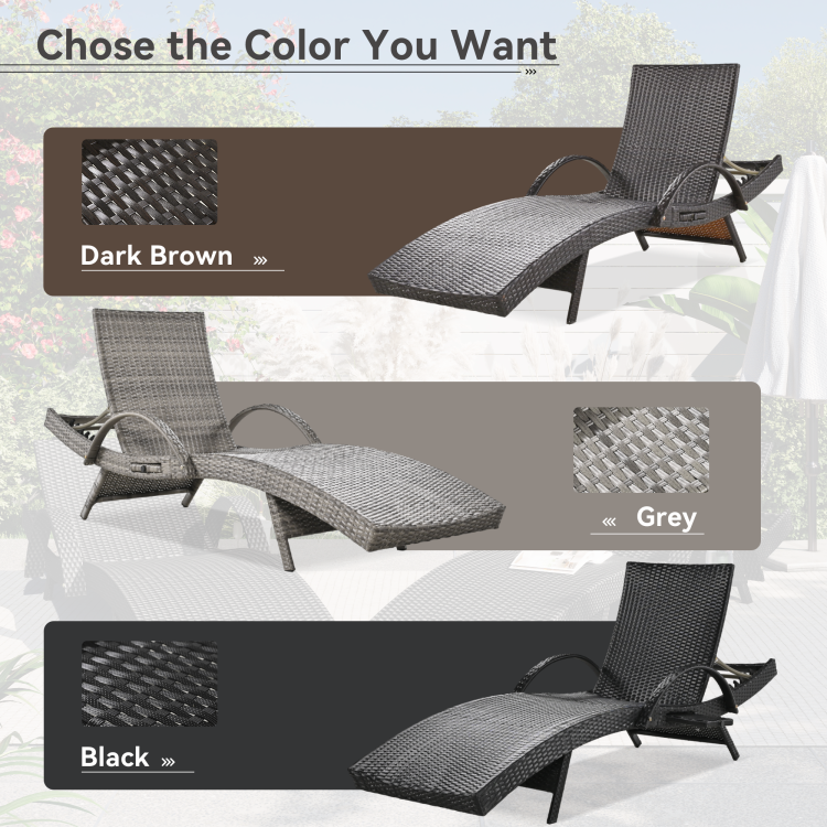 K&K 80'' Outdoor Wicker Chaise Lounge Chairs Set Of 2, Patio Rattan Reclining Chair Pull Out Side Table W 5 Level Adjustable Backrest Ergonomic Wave Design Pool Sunbathing Recliners, Black