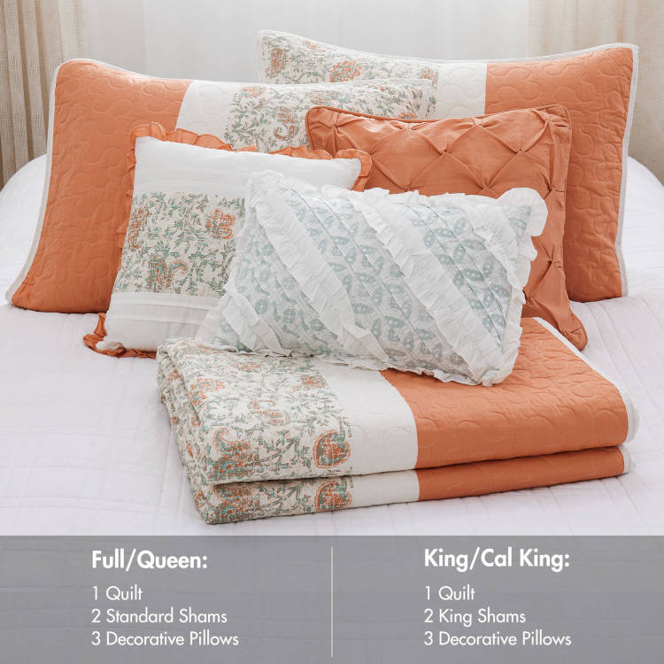 6 Piece Cotton Percale Quilt Set With Throw Pillows Coral Full Queen