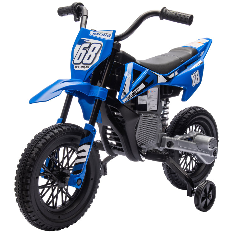 Qaba Kids Dirt Bike With Twist Grip Throttle, 12V Electric Motorcycle, Electric Bike For Toddler With Training Wheels, Rear Suspension & Music, Blue