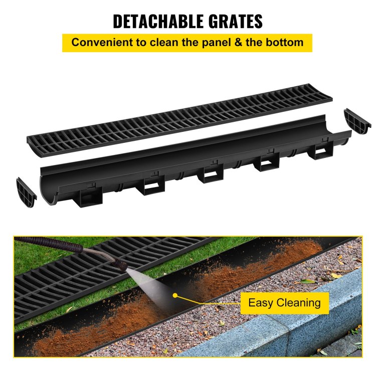 Trench Drain System, 5.7X3.1X39 Inch Hdpe Drainage Trench,Channel Drain With Plastic Grate, Black Plastic Garage Floor Drain, 3X39 Trench Drain Grate, For Garden, Driveway 3 Pack