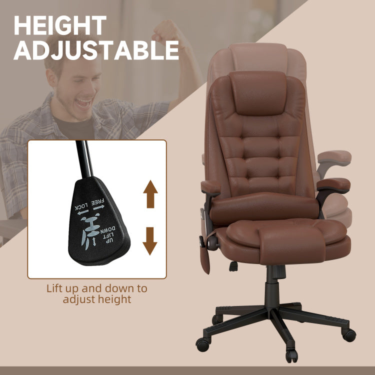 Homcom High Back Vibration Massage Office Chair With 6 Vibration Points, Heated Reclining Pu Leather Computer Chair With Armrest And Remote, Brown