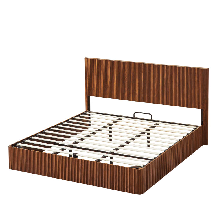 King Size Lift Up Storage Bed Frame, Wooden Corrugated Curved Lines, Hydraulic Storage No Box Spring Needed, Walnut