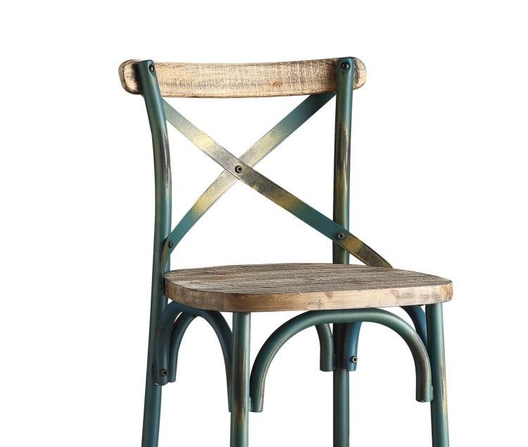 Antique Turquoise Finish Metal Frame Vintage Style Bar Chair 1Pc Wooden Seat Dining Furniture