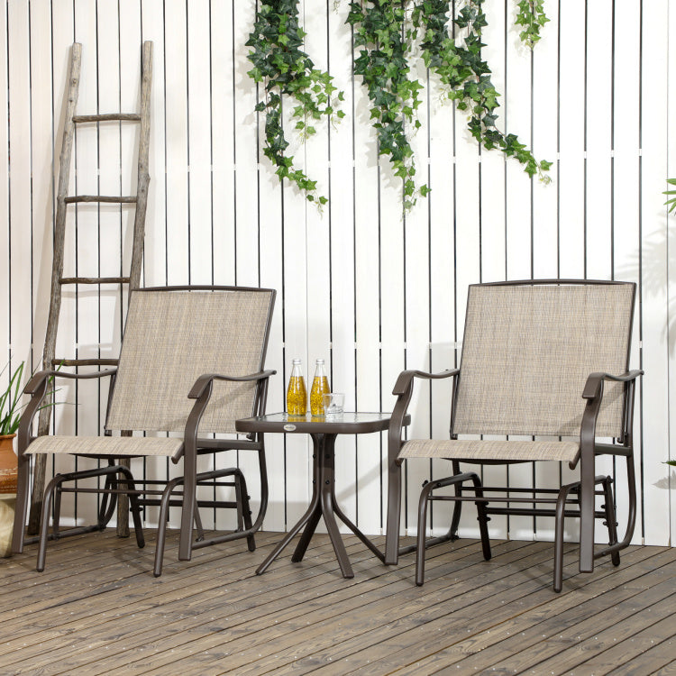 Outsunny 3 Piece Outdoor Glider Chair With Coffee Table Bistro Set, 2 Patio Rocking Swing Chairs With Sling Fabric, Glass Tabletop, For Backyard, Garden And Porch, Mixed Brown