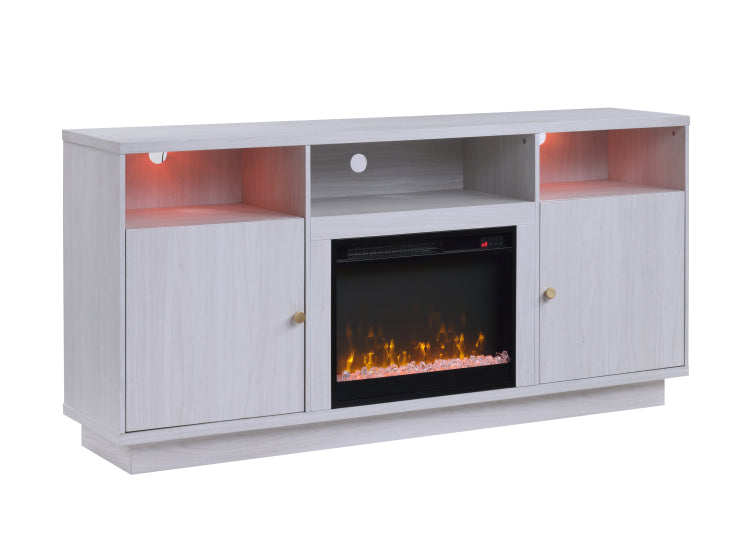 Ambrose 70"W White Walnut Finish Fireplace Console Tv Stand With Heater, Led Light, Cabinets, Shelves
