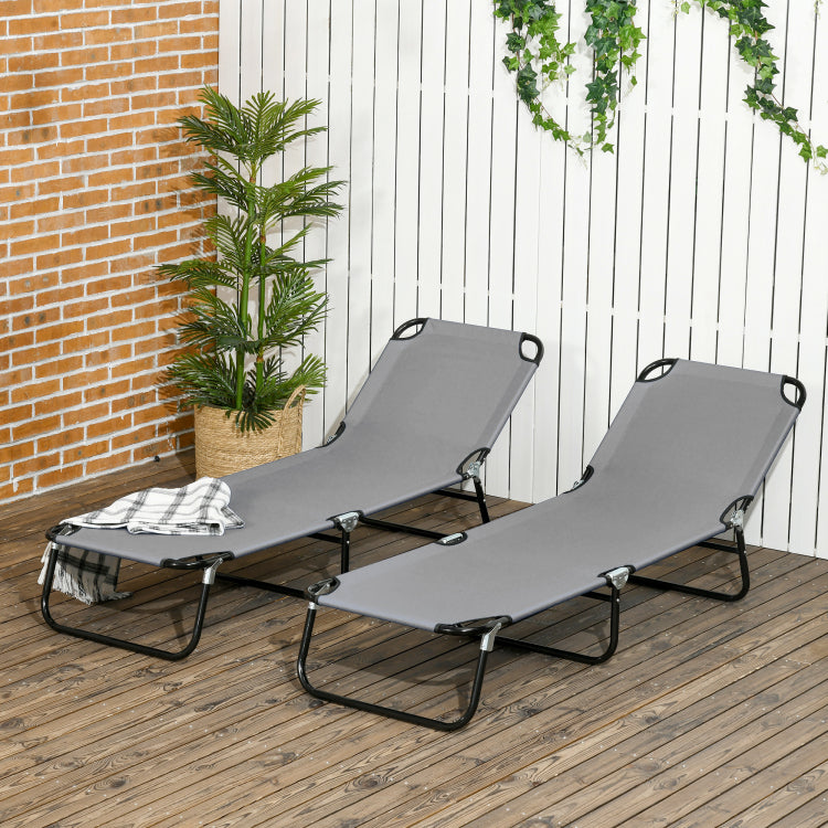 Outsunny 2 Piece Folding Chaise Lounge Pool Chairs, Outdoor Sun Tanning Chairs With 5 Level Reclining Back, Steel Frame For Beach, Yard, Patio, Dark Gray