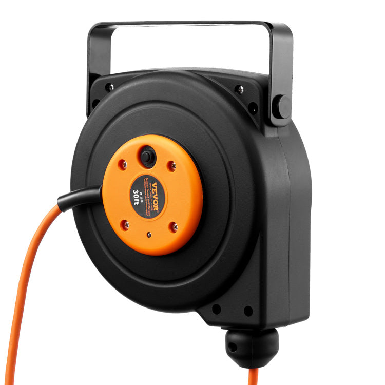 Retractable Extension Cord Reel, 30 Ft, Heavy Duty 16Awg 3C Sjtow Power Cord, With Lighted Triple Tap Outlet 10 Amp Circuit Breaker, For Ceiling Or Wall Mount Garage And Shop, Etl Listed