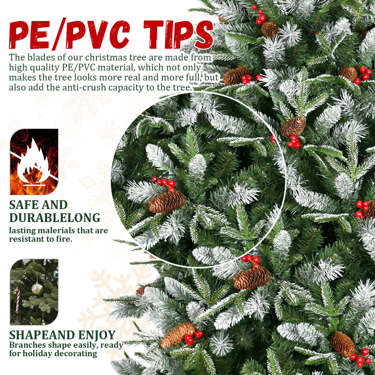4Ft Christmas Tree With 747 Tips, Red Berries & Pine Cones Snow Dusted Pe Pvc Branches, Hinged Design For Easy Setup, Sturdy Metal Stand Full, Natural Holiday Tree Decoration