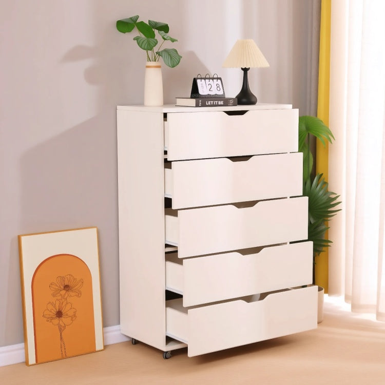 White 5 Drawer Dresser With Wheels Modern Storage Cabinet
