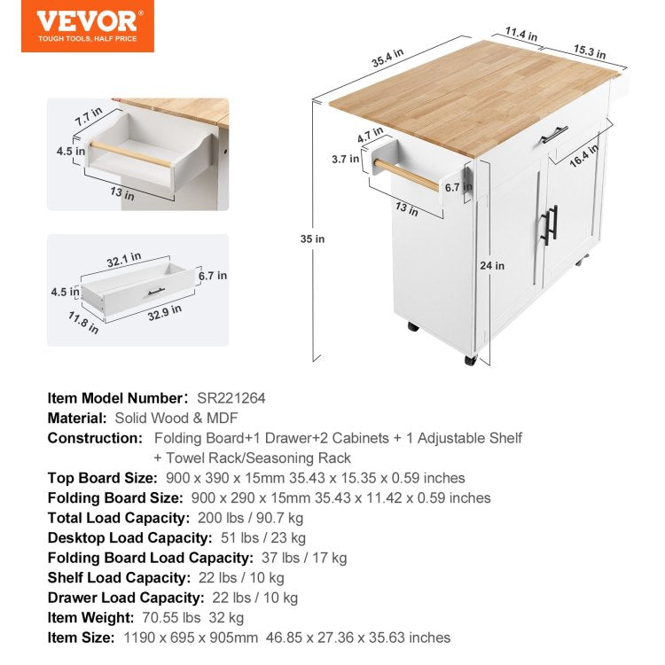 Kitchen Island Cart With Solid Wood Top, 35.4" Width Mobile Carts With Storage Cabinet, Rolling Kitchen Table With Spice Rack, Towel Rack, Drop Leaf And Drawer, Portable Islands On Wheels, White