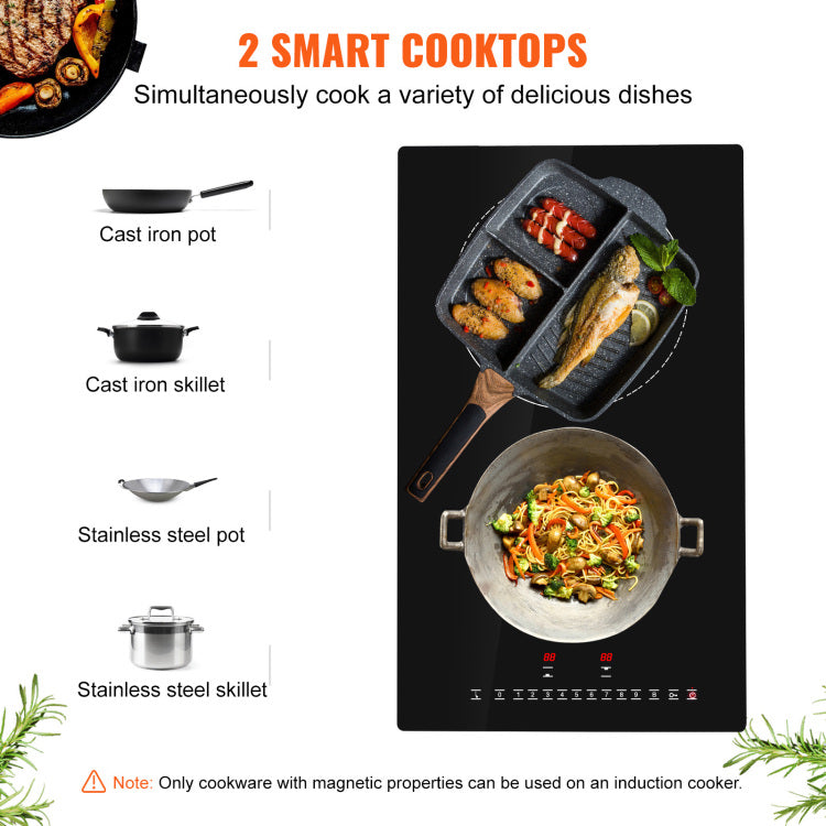 Electric Cooktop, 2 Burners, 12'' Induction Stove Top, Built In Magnetic Cooktop 3000W, 9 Heating Level Multifunctional Burner, Led Touch Screen W Child Lock & Over Temperature Protection