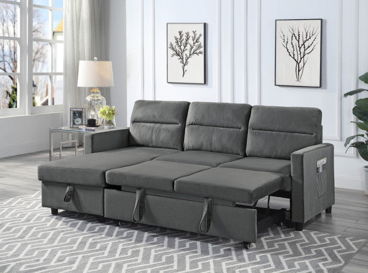 Iride 81.5"W Dark Gray Velvet Reversible Sleeper Sectional Sofa With Storage Chaise And Side Pocket