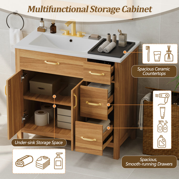 36" Wood Bathroom Vanity With Solid Wood Frame, 2 Soft Close Doors, 3 Soft Close Drawers, Adjustable Shelf, Modern Storage Cabinet For Small Bathrooms