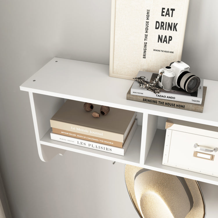 White Entryway Wall Mounted Coat Rack With 4 Dual Hooks Living Room Wooden Storage Shelf
