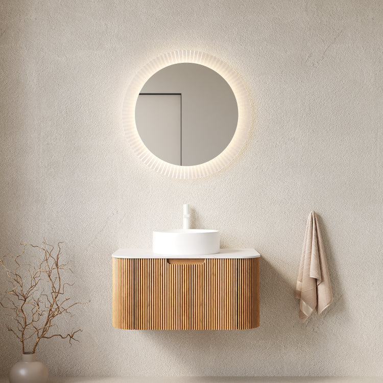 Dina 30" Bathroom Vanity&Sink, Floating Curved Edges Striped Bathroom Storage Cabinet With Drawer, White Round Ceramic Basin&Carrara White Artificial Marble Top, Pre Assembled, Natural Woodgrain