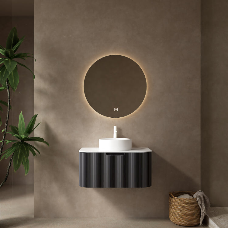 Dina 30" Bathroom Vanity With Sink, Modern Wall Mounted Floating Curved Edges Striped Bathroom Storage Cabinet With A Drawer, White Round Ceramic Basin Without Faucet, Pre Assembled, Black Color