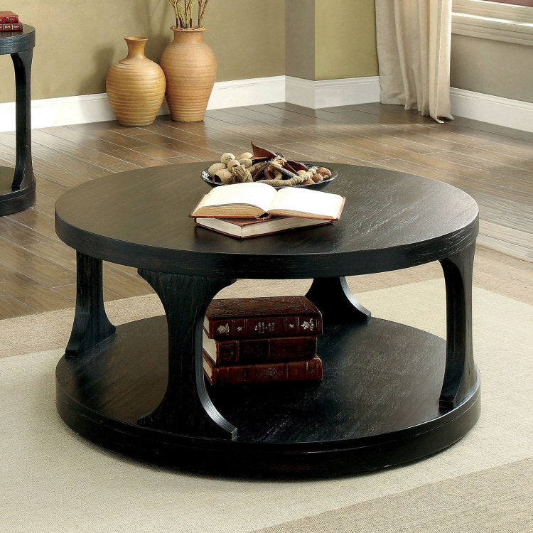 Transitional Style Antique Black Finish Bold Round Structure 1Pc Coffee Table With Extra Storage Shelf I Designed Legs End Table Not Included