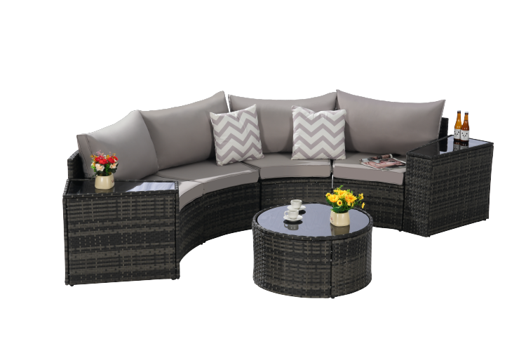 Outdoor Patio Furniture 7 Piece Half Moon Sectional Round Patio Furniture Set Sofa With Tempered Glass Round Coffee Table