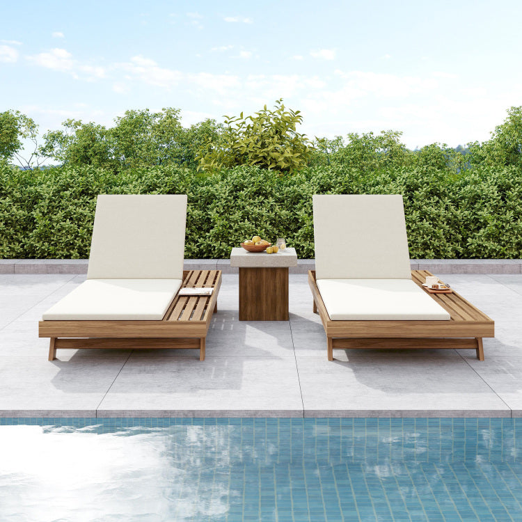 Lounge Chaise Set, Space Available On One Side, Acacia Wood In Light Brown With Water Resistant Lounge Cushions Cream & 2 Inch Thick Matching Dark Grey Leaf Coconut Version Available