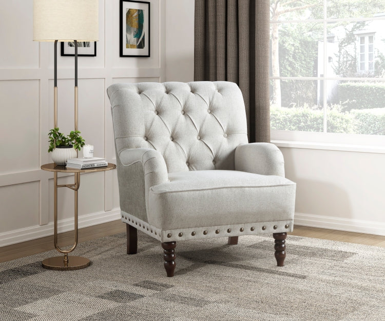 1Pc Beige Accent Chair Button Tufted Solid Wood Nailhead Trim Fabric Upholstery Luxury Living Room Furniture