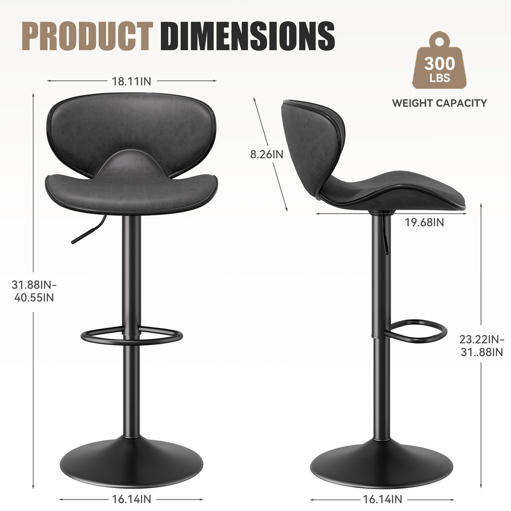 Bar Stools Set Of 2, Faux Leather Bar Stools With Back, Chic Swivel Counter Stools With Footrest, Adjustable Kitchen Stools For Kitchen And Bars, Black