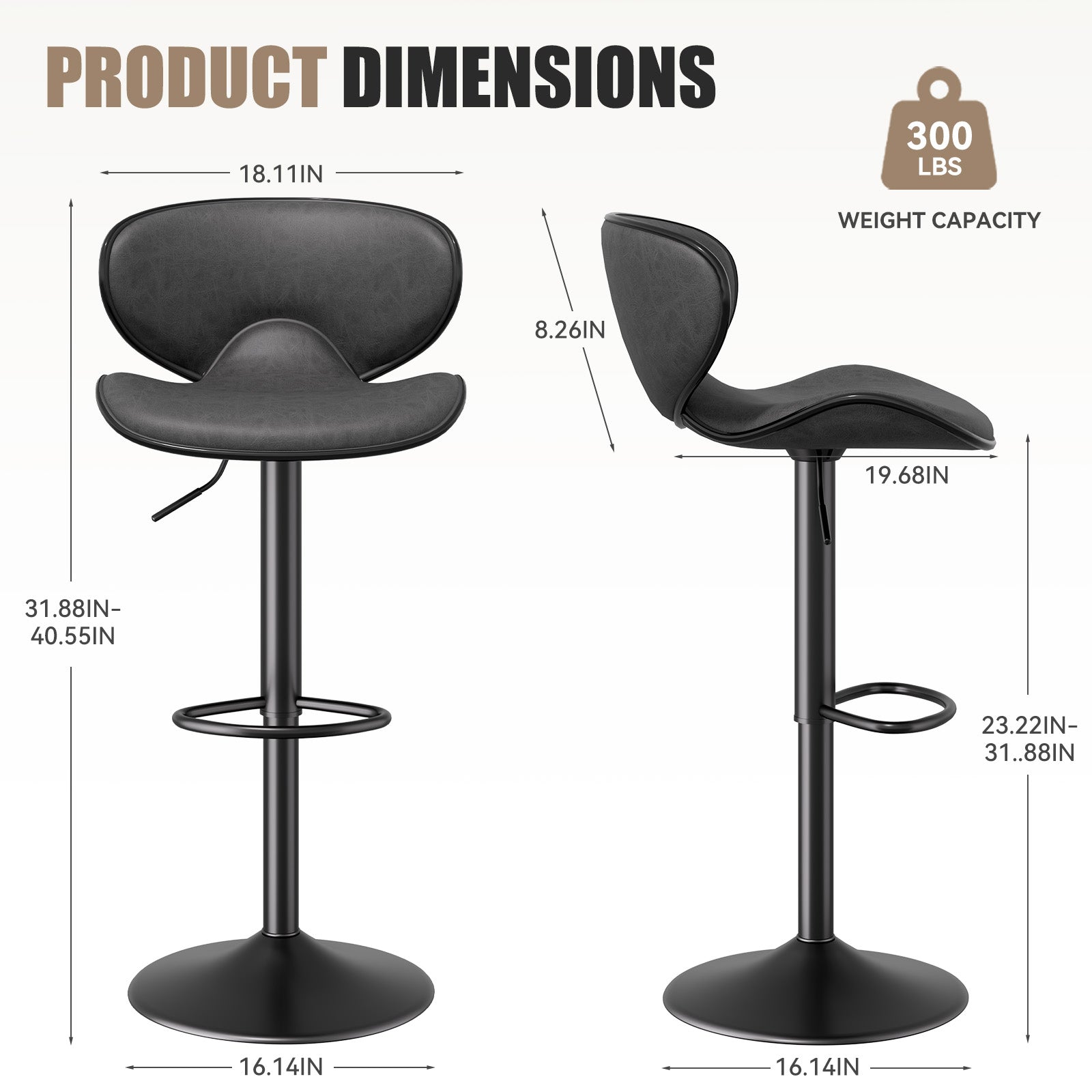 Bar Stools Set Of 2, Faux Leather Bar Stools With Back, Chic Swivel Counter Stools With Footrest, Adjustable Kitchen Stools For Kitchen And Bars, Black