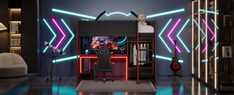 Wood Twin Size Gaming Loft Bed With Built In Desk, Wardrobe, Led And A Drawer, Black
