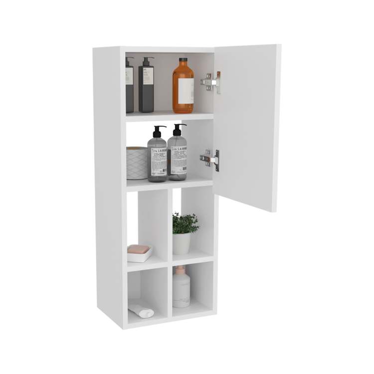 White Wall Mounted Bathroom Cabinet With Door And 4 Open Shelves