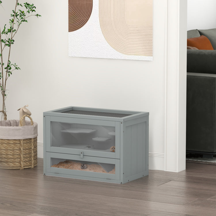 Pawhut 2 Level Hamster Cage Mice And Rat House, Small Animal Habitat For Guinea Pigs, Chinchillas With Openable Top, Front Door, Shelf And Ladder, Gray