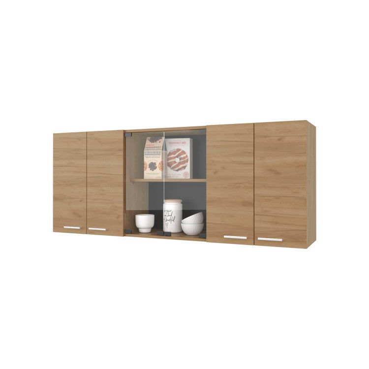 Lydia Wall Cabinet Kitchen In Melamine Wit 4 Doors And Glass Storage, Natural Oak