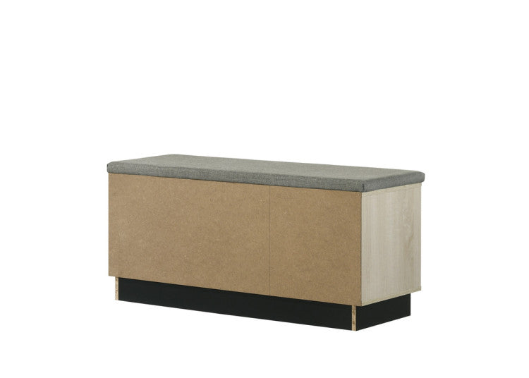 Brio 38.5"W Oak Finish Shoe Cabinet With Sliding Doors, Upholstered Top