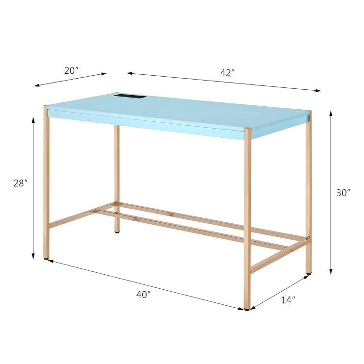 Rectangular Writing Desk With Usb Port, Baby Blue And Gold