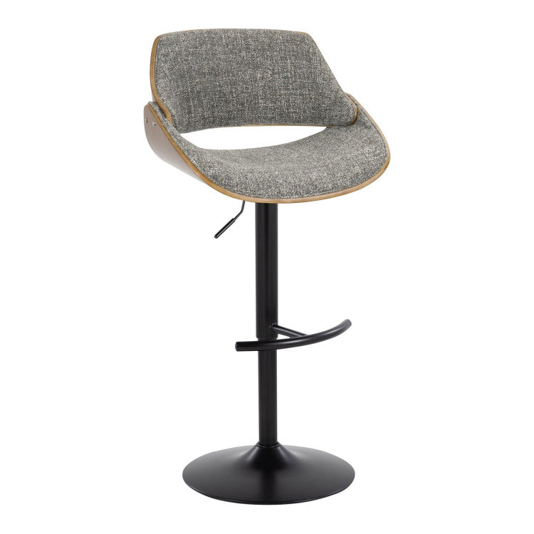 Mid Century Modern Adjustable Barstool In Walnut Wood, Black Metal And Noise Grey Fabric With Rounded T Footrest Set Of 2