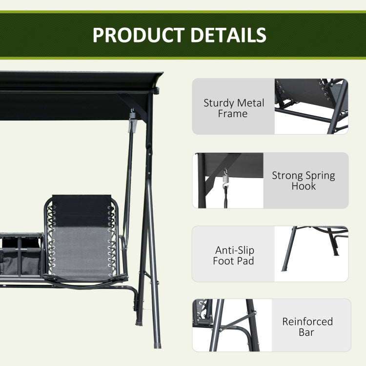 Outsunny 2 Seat Patio Swing Chair, Outdoor Canopy Swing Glider With Pivot Storage Table, Cup Holder, Adjustable Shade, Bungie Seat Suspension And Weather Resistant Steel Frame, Black