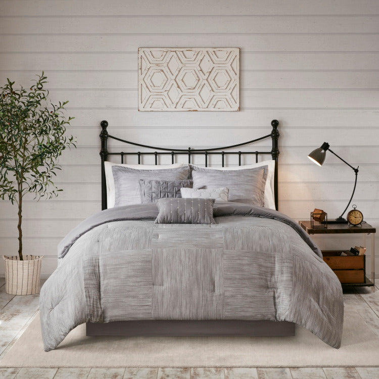 7 Piece Printed Seersucker Comforter Set Grey Queen