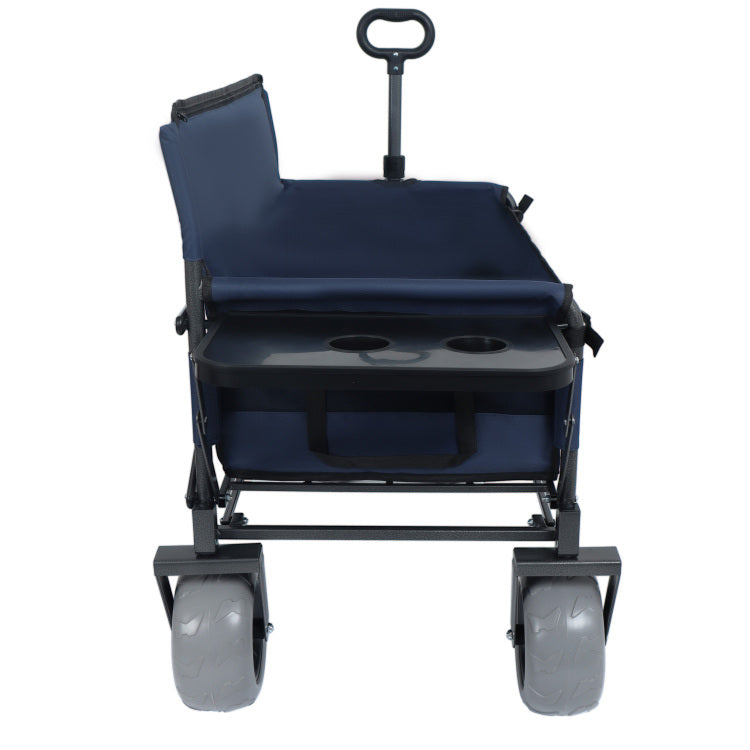 3 In 1 Folding Wagon With Bench Seat & Rear Mounted Folding Tabletop 500Lbs Capacity, 9"X4" Beach Tires For Camping, Beach, Dark Blue