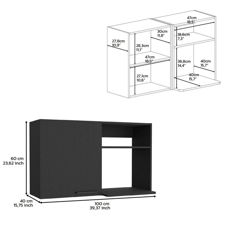 Stackable Wall Storage Cabinet 24" H, Two Internal Shelves, Two External Storage Shelves, One Door, Black