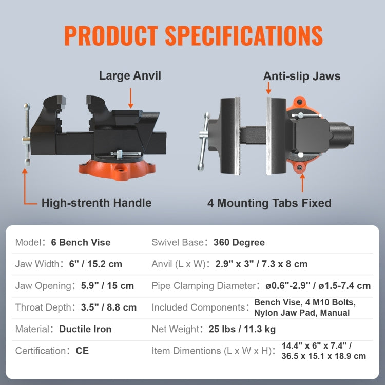 6" Bench Vise W Anvil 360 Swivel Locking Base Heavy Duty Ductile Iron