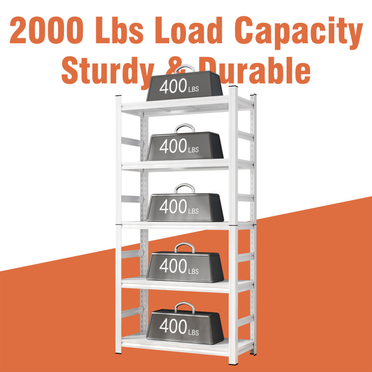 71" H Adjustable Storage Rack, Adjustable Shelves, 2000Lbs Five Tier Shelving Unit, Scratch Resistant And Wear Resistant Panels, White, Requires Assembly