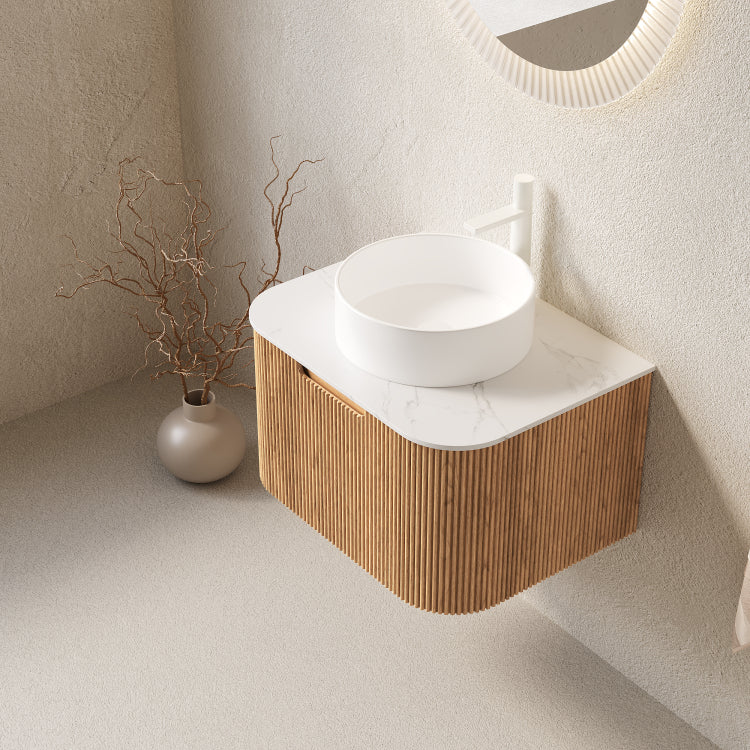 Dina 24" Bathroom Vanity&Sink, Floating Curved Edges Striped Bathroom Storage Cabinet With Drawer, White Round Ceramic Basin&Carrara White Artificial Marble Top, Pre Assembled, Natural Woodgrain