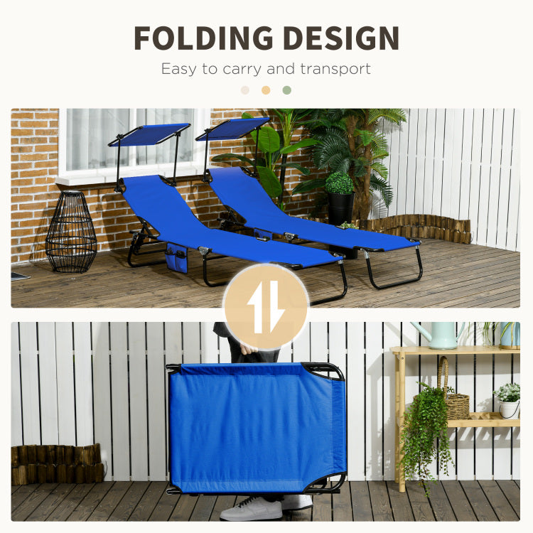 Outsunny Folding Chaise Lounge Pool Chairs, Outdoor Sun Tanning Chairs With Canopy Shade, Reclining Back, Steel Frame And Side Pocket For Beach, Yard, Patio, Blue